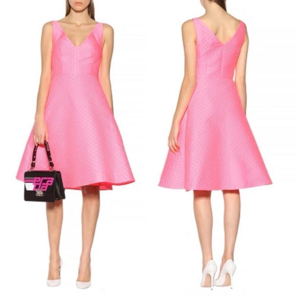 PRADA V-Neck Sleeveless A-Line Textured Dress in Neon Pink